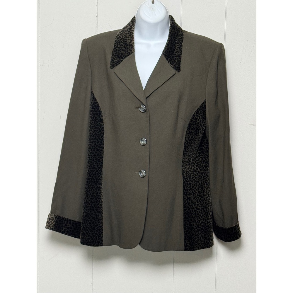Kasper for ASL Women's Brown Blazer Leopard Print Velvet Trim Size 12